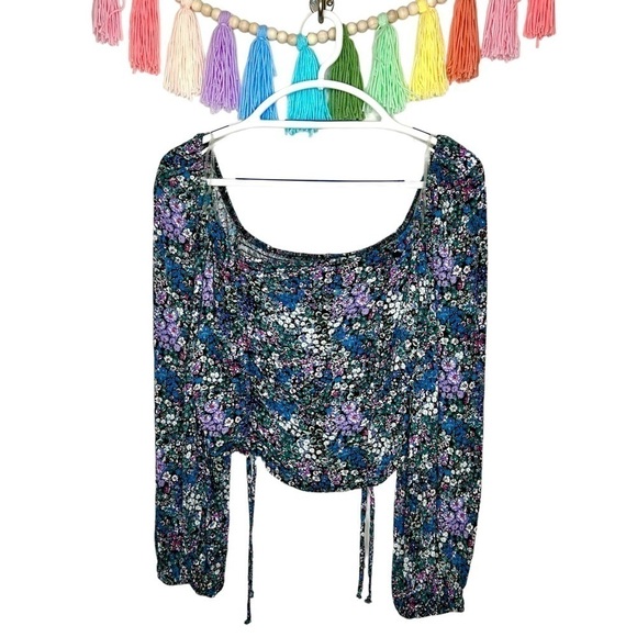 Wild Fable Square Neck Cottagecore Ditsy Blue Purple Drawstring Cropped Blouse - Picture 2 of 15